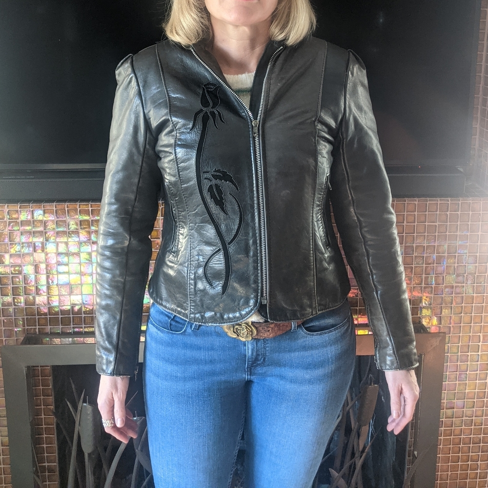 Gypsy Leather Motorcycle Jacket w Roses and Medallions